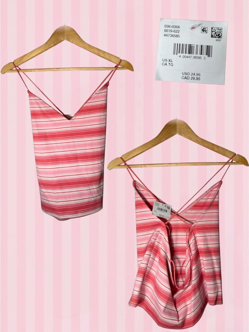 American Eagle Outfitters Pink & White Striped V-Neck Spaghetti Strap Cami